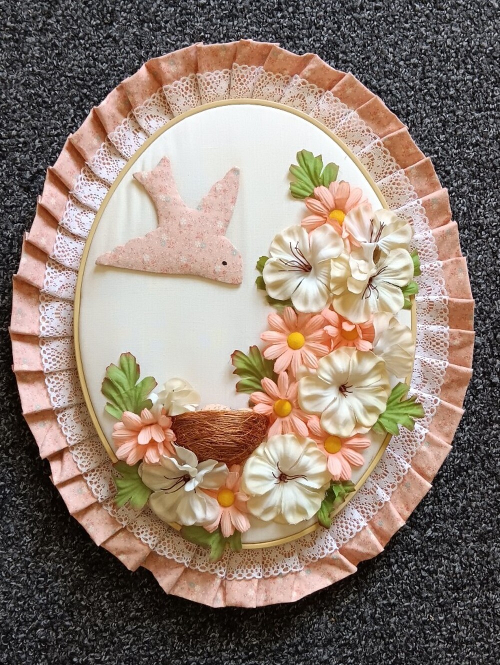 Coquette Vintage Cottage Quilted Hoop Wall Hanging Whimsy Pink Bird Nest Decor